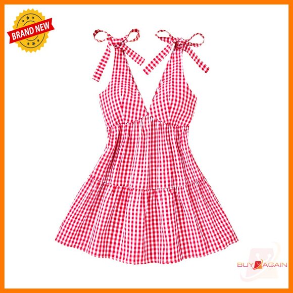 Plaid Tie Shoulder Mini Dress Ruffle Hem Deep V Neck Sleeveless Y2K